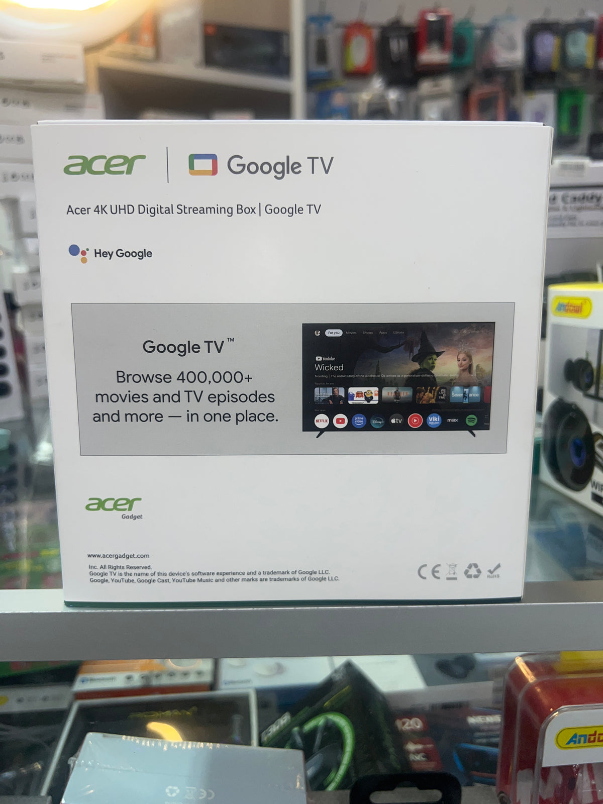 Back of Acer Google TV streaming box packaging
