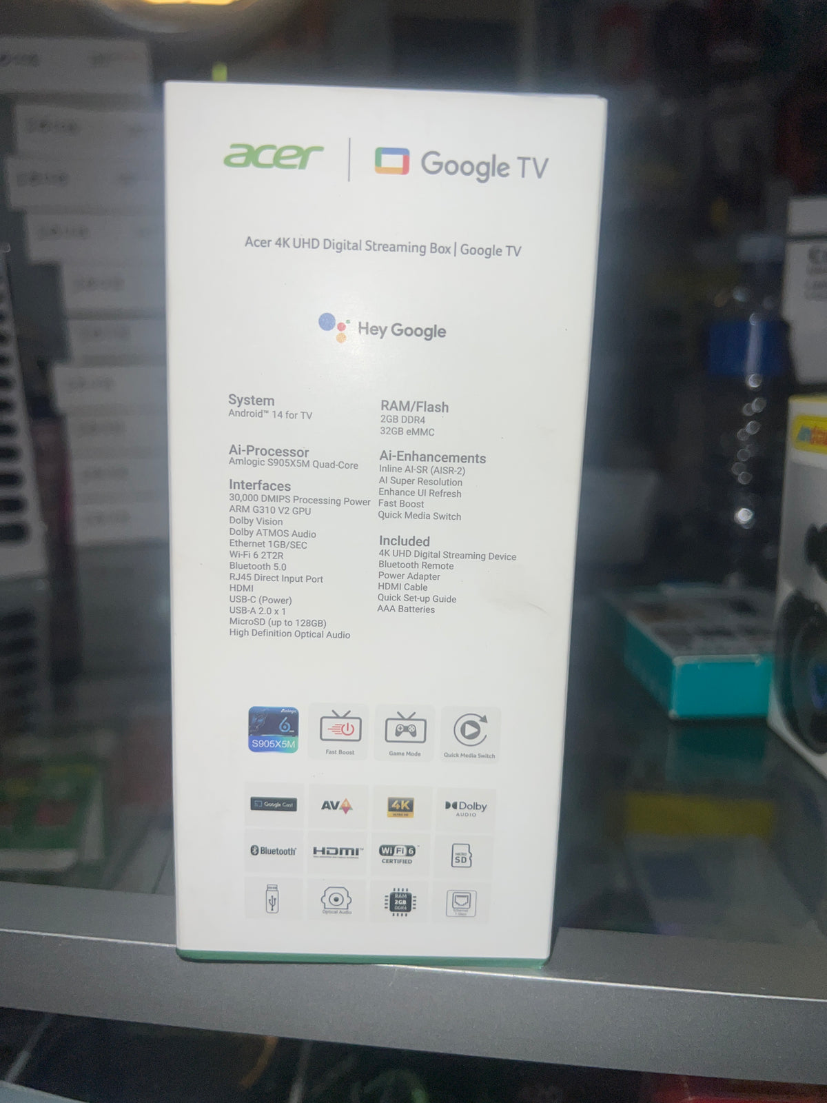 Side of Acer Google TV box showing specifications