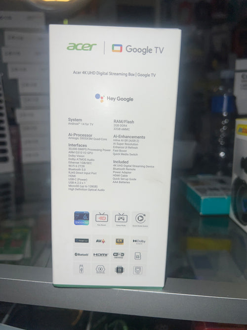 Side of Acer Google TV box showing specifications